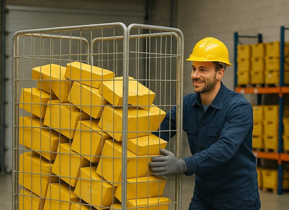 Worker moving a loaded roll cage