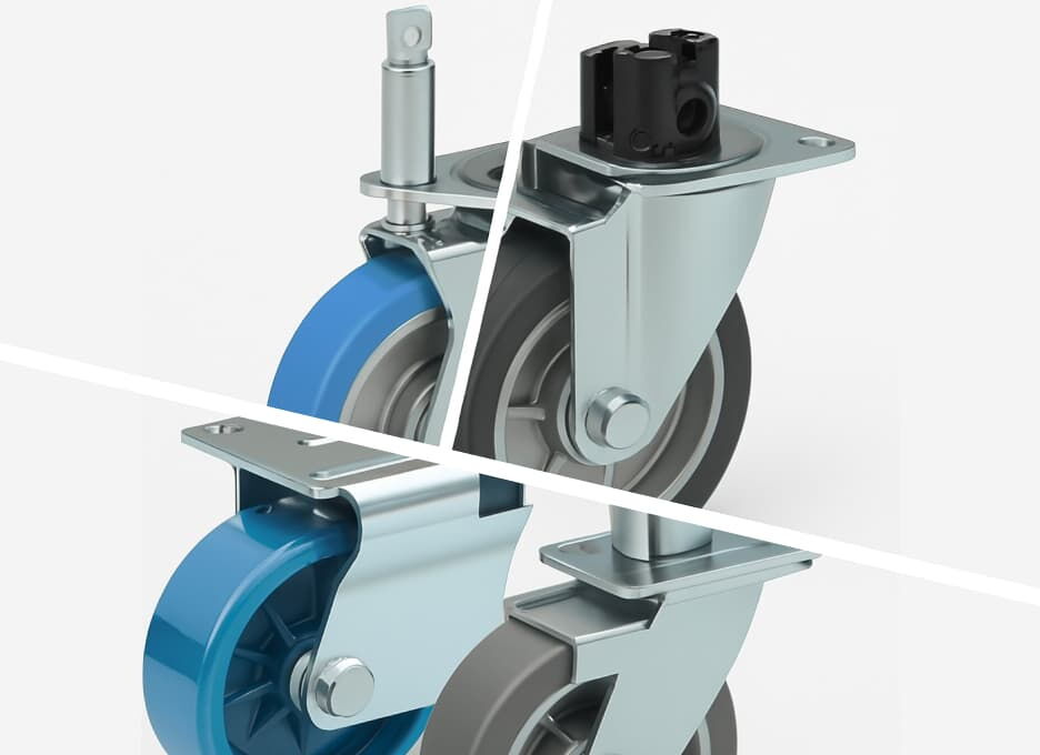 Roll container castors with blue polyurethane wheels