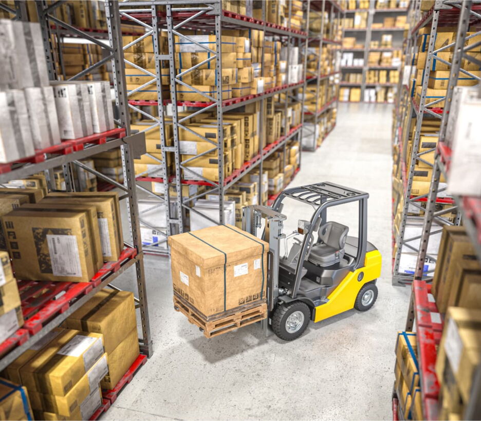 Forklift in a warehouse aisle