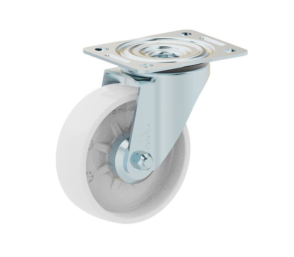 Swivel castor with 108 mm white wheel for roll containers
