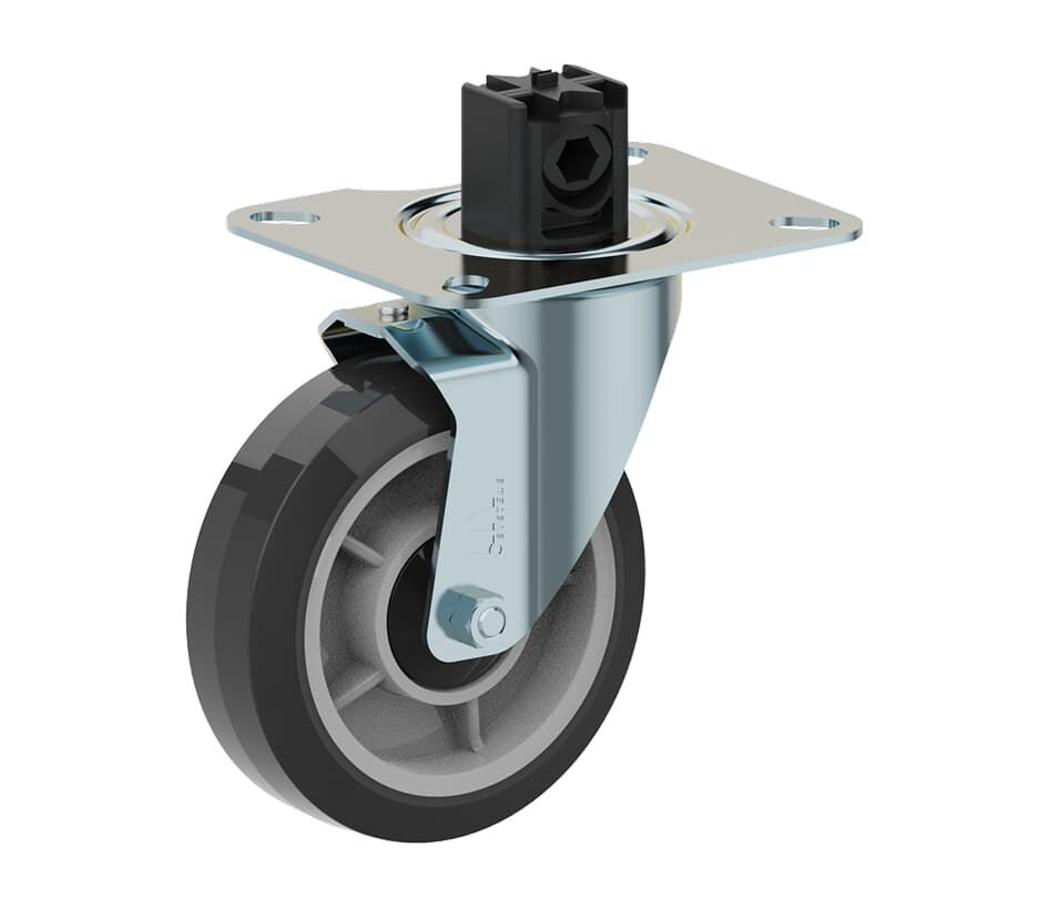 Swivel castor with central brake socket