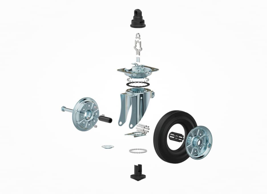 Exploded view of a waste container castor and its parts