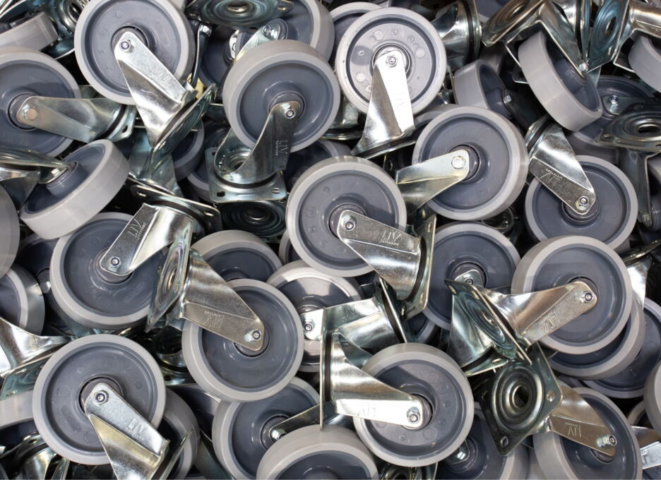 Swivel castors with grey wheels for roll containers