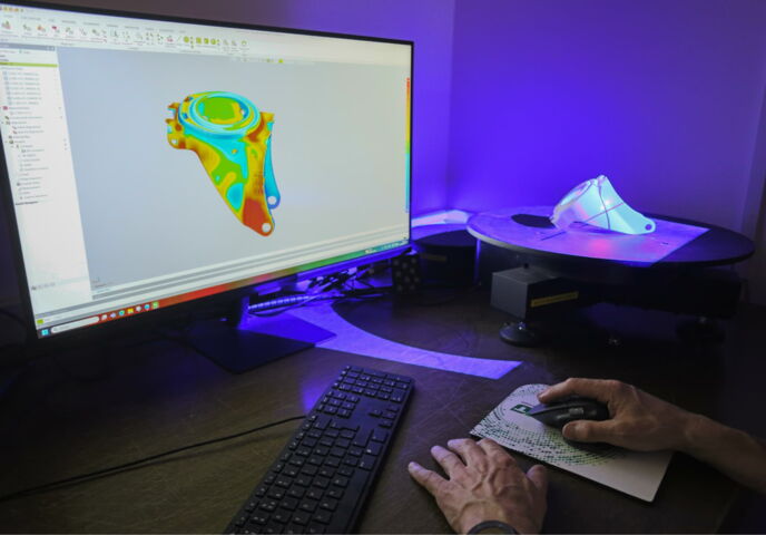 Deviation colour map of a scanned castor housing compared with the CAD model