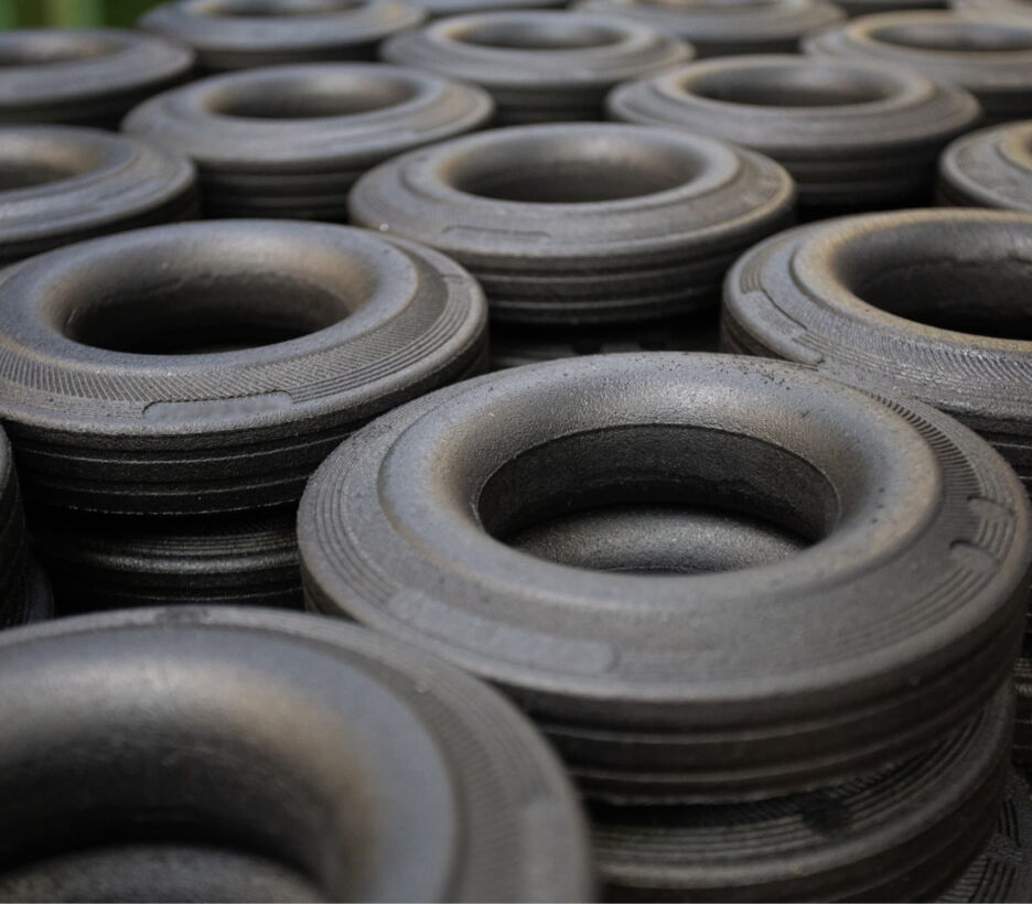 Solid rubber tyres stacked before assembly
