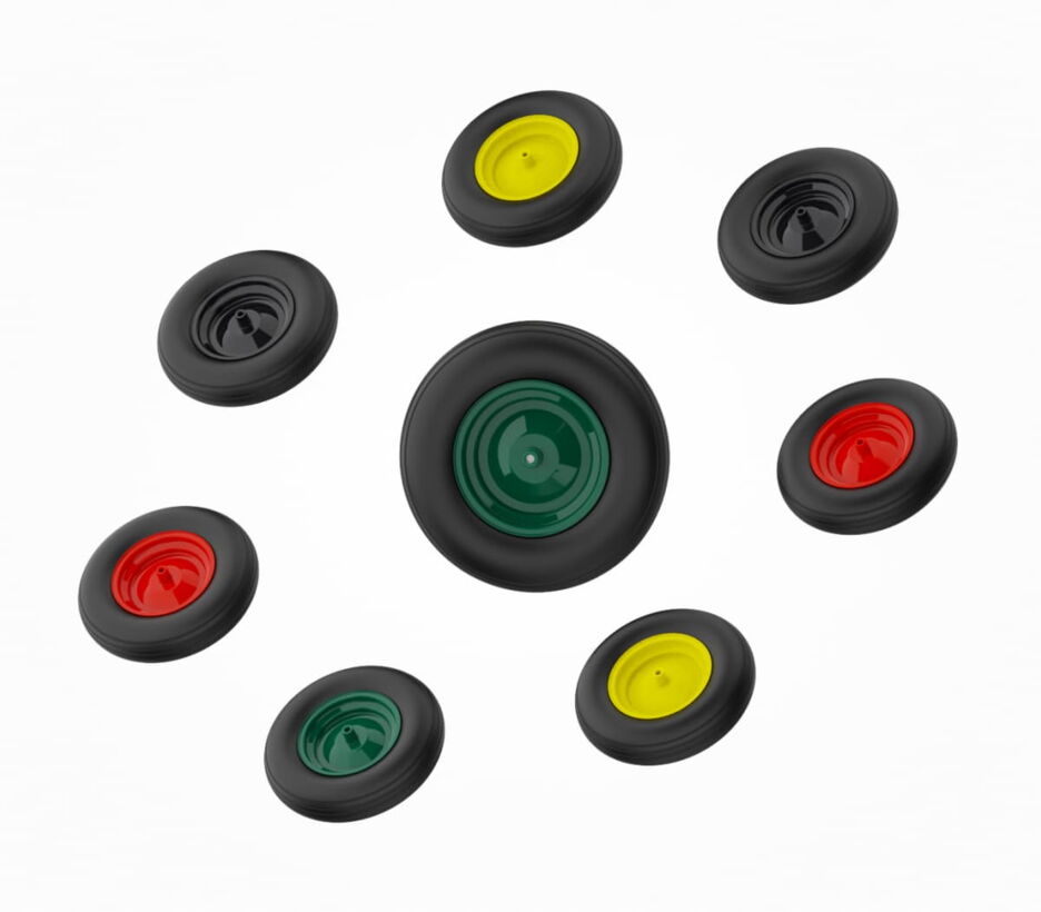 Wheelbarrow wheels with coloured rims