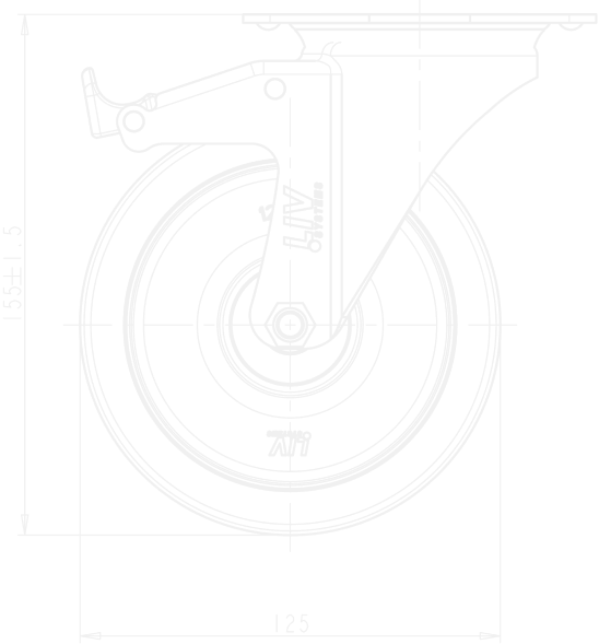 Technical drawing of a swivel castor with brake, side view