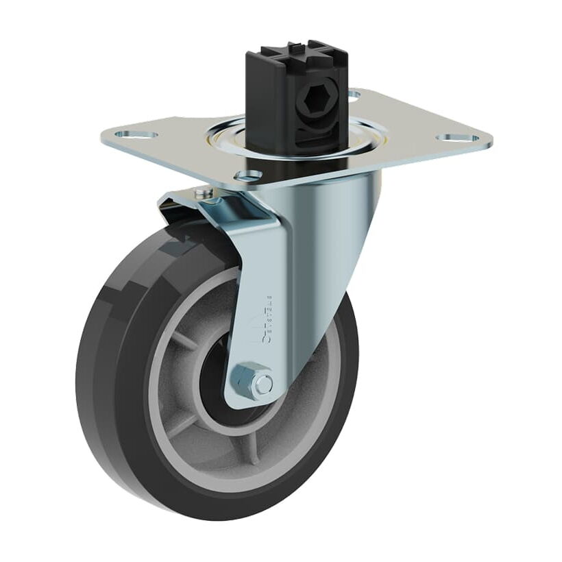 Swivel castor with central brake socket