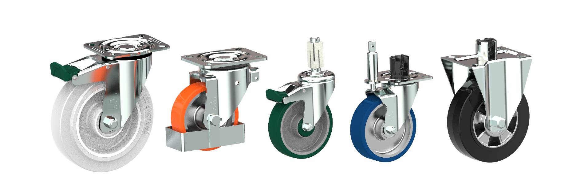 Roll container castors with polyamide, polypropylene, elastic rubber and polyurethane wheels